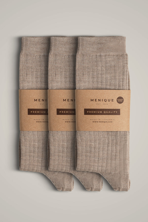 Dame 3-pak tynde sokker i rib af 85 % merinould i beige – lette, åndbare og sokker af førsteklasses kvalitet til hverdag.