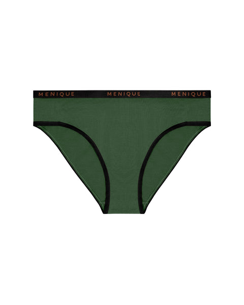 Women’s merino wool bikini underwear 160gsm in dark green, breathable soft base layer panties with elastic logo waistband
