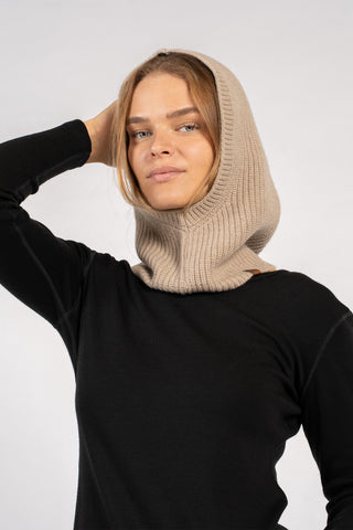 Women's Ribbed Hooded Cashmere Balaclava - One Size / Creamy Beige