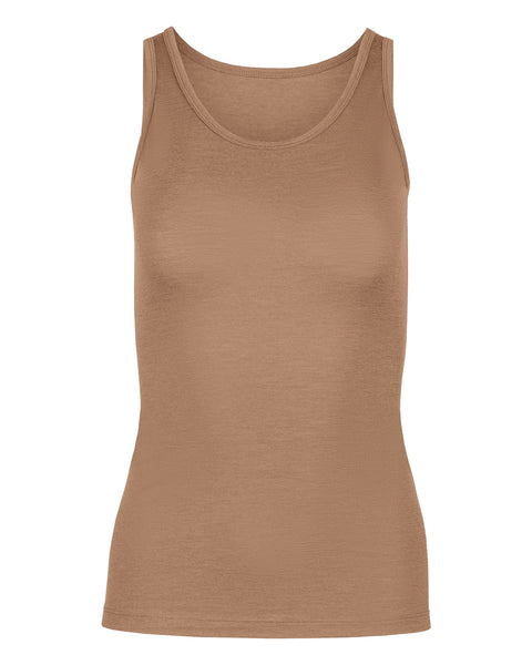A flat lay product shot showing the front of a women's fitted, beige sleeveless tank top against a pure white background. The top features a classic scoop neckline, wide straps, and neatly hemmed edges, displaying a smooth, finely textured fabric.