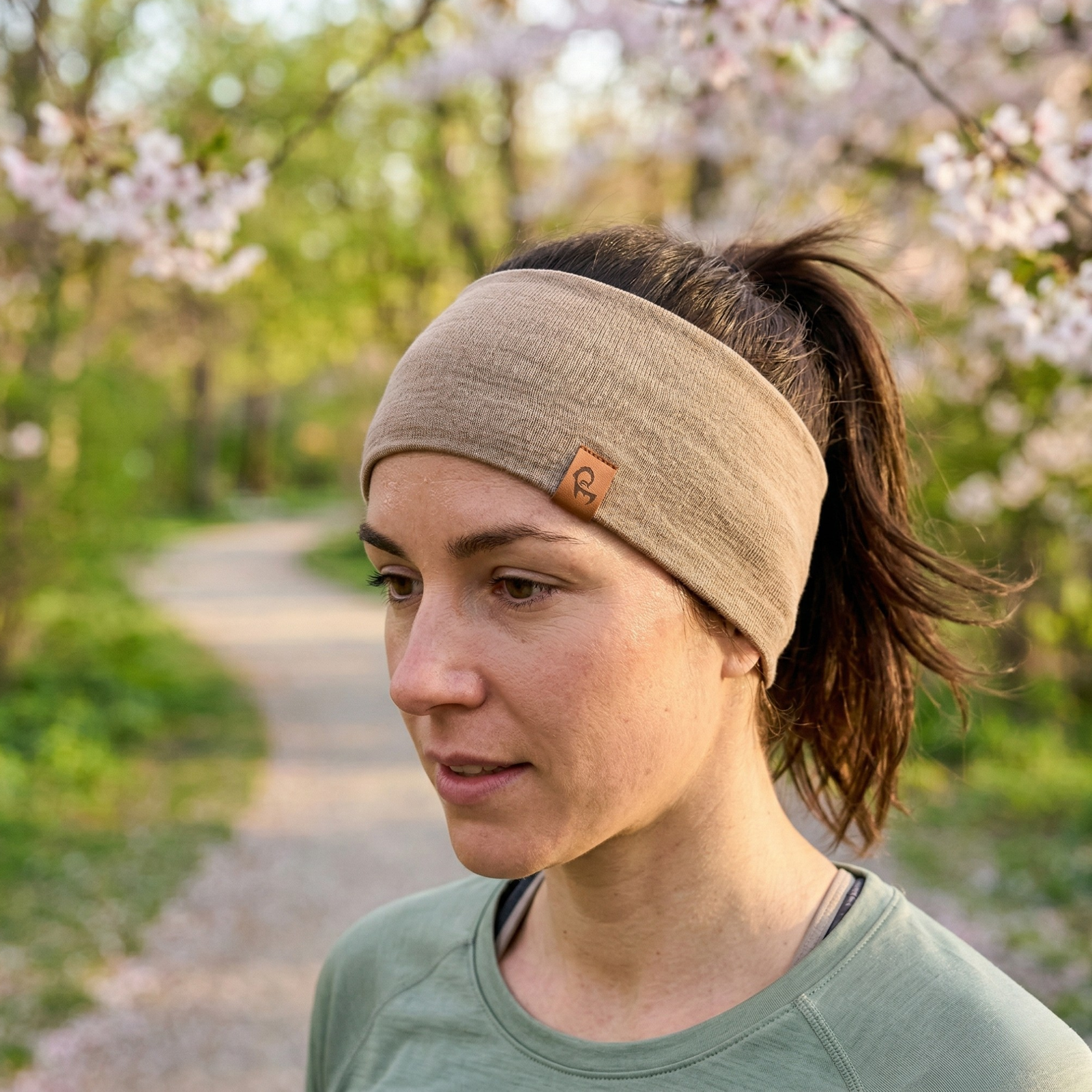 Beige merino wool headband soft breathable temperature regulating unisex ear warmer