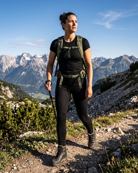 A woman hiking towards the camera on a rocky mountain path. She is wearing a black short-sleeved t-shirt, black leggings, and dark hiking boots, with an olive-green backpack securely strapped to her chest and waist. She is holding a trekking pole in her right hand and looking off to the side. Behind her is a scenic view of rugged mountain peaks under a clear blue sky.