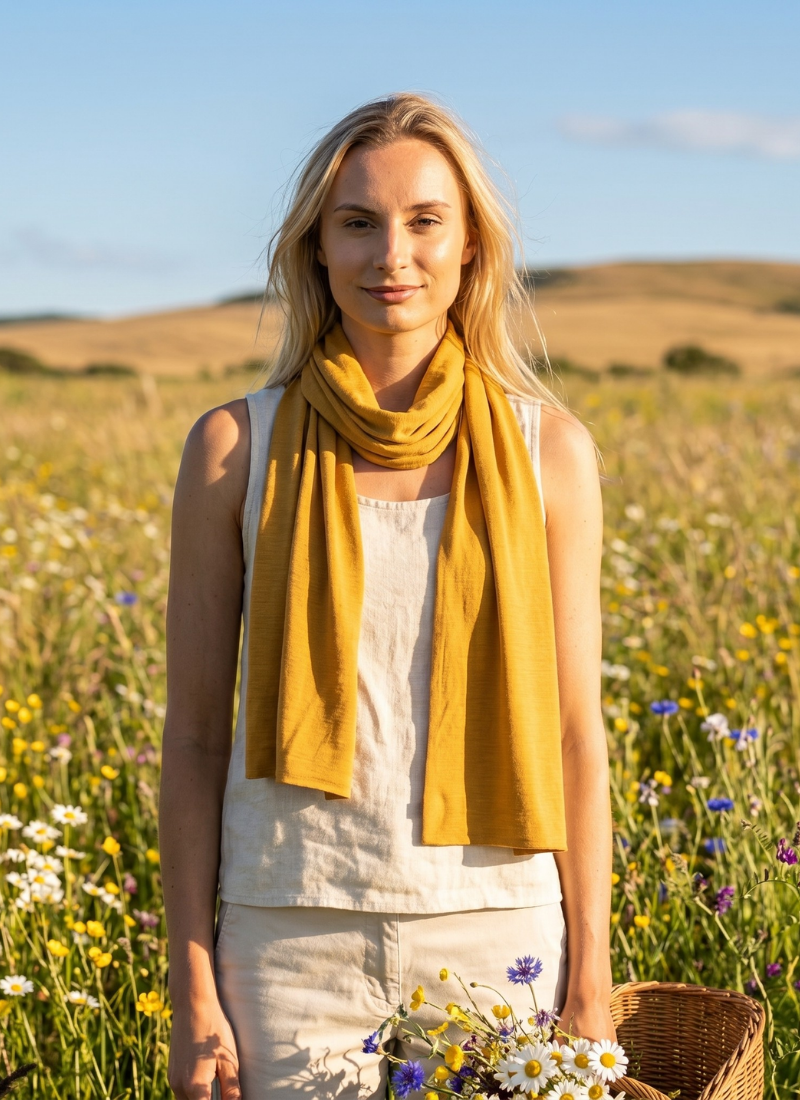 An outdoor portrait of a blonde woman standing in a sunlit field of wildflowers. She is looking directly at the camera, wearing a light cream sleeveless top and a mustard yellow scarf draped loosely around her neck, while holding a wicker basket filled with freshly picked flowers.