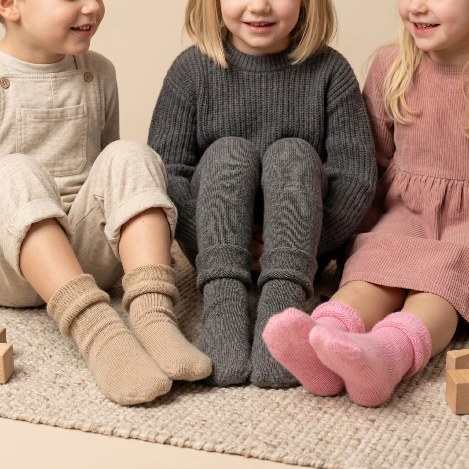 Børnestrømper i merinould og kashmir 3-pak - Perfekt grå, cremet beige, støvet rosa