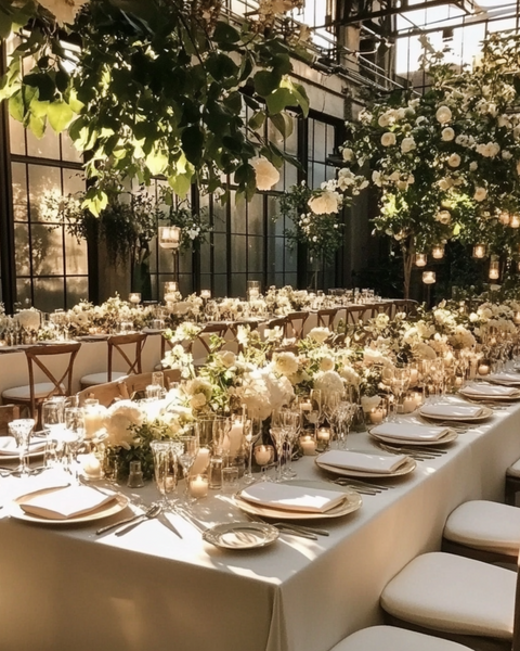 Menique bryllupsserviettesæt i hør med 10 servietter, der pynter et stort bryllupsfestbord.