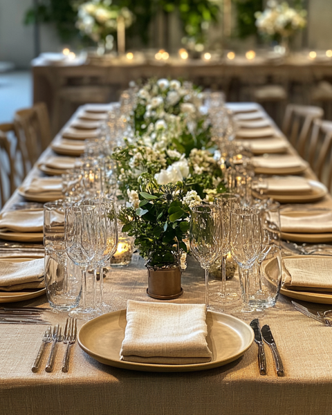 Menique bryllupsserviettesæt i hør med 10 servietter, der pynter et stort bryllupsfestbord i naturlig hørfarve.