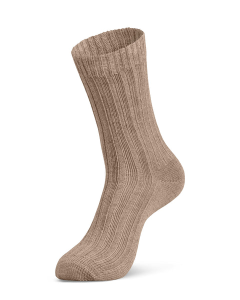 Women's beige ribbed merino wool sock – natural fiber comfort with temperature control and stretch fit.