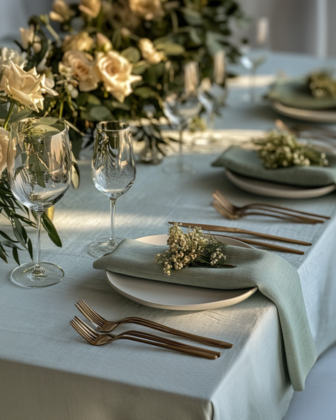 Menique bryllupsserviettesæt i hør med 10 servietter i stengrøn farve, der pynter et bryllupsfestbord.