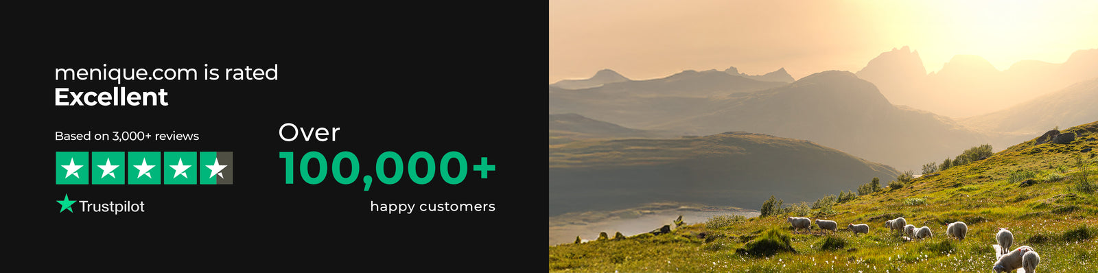 Naturskønt landskab med bjerge og får, sammen med en Trustpilot-bedømmelse på menique.com.