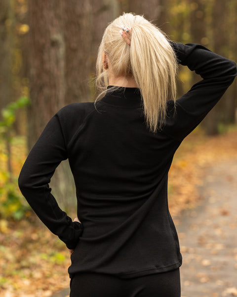 Dame sports-joggingtrøje med lynlås i halsen i merinould 250 g/m² sort