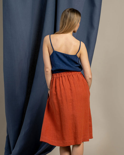 Linned Midi Nederdel Sophia Kanelrød