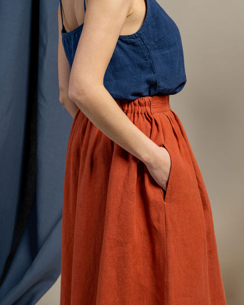 Linned Midi Nederdel Sophia Kanelrød